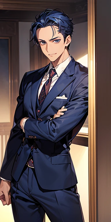 ((masutepiece)), ((Best Quality)), ((Brown skin)), ((dark blue eyes)), ((Dark blue hair))、Handsome man , ((very short hair、No bangs、Forehead)), masculine、Tall、A sexy、Adult man、Sanpaku eyes、suits、handsome man、Kowamote、firmly、well-muscled、broad shoulders、Invincible smile