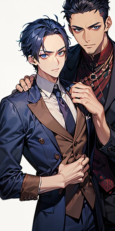 ((masutepiece)), ((Best Quality)), ((Brown skin)), ((dark blue eyes)), ((Dark blue hair))、Handsome man , ((very short hair、No bangs、Forehead)), masculine、Tall、A sexy、Adult man、Sanpaku eyes、suits、handsome man、Kowamote、firmly、well-muscled、broad shoulders、Invincible smile、Allback