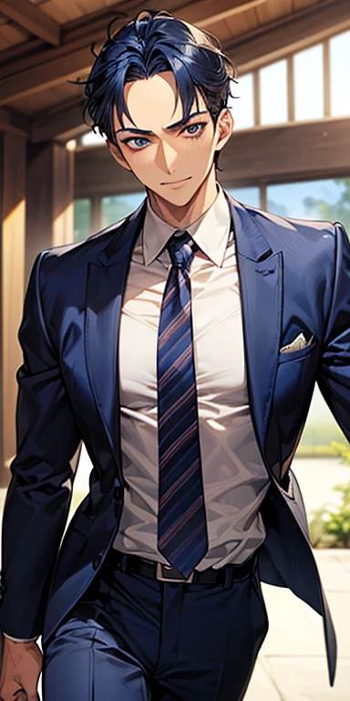 ((masutepiece)), ((Best Quality)), ((Brown skin)), ((dark blue eyes)), ((Dark blue hair))、Handsome man , ((very short hair、No bangs、Forehead)), masculine、Tall、A sexy、Adult man、Sanpaku eyes、suits、handsome man、Kowamote、firmly、well-muscled、broad shoulders、Invincible smile、Allback