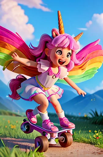(best quality,4k,8k,highres,masterpiece:1.2),ultra-detailed,(realistic,photorealistic,photo-realistic:1.37),(((unicorn on rollerskates))),cute,fluffy,big cartoon eyes,extremely happy,smiling,rainbow theme,joyful,playful,cartoonish,fantastic,whimsical,sparkling colors,soft pastel palette,radiant,happy atmosphere,wonderful,colorful rainbow background,lovely clouds,magic dust,airy, lively,adorable,delicate details,ethereal,animated,cheerful expression,innocent,imaginative,joyous,blissful,exhilarating,wind blowing through its mane,light-hearted vibe,blinking stars,a storybook come to life,warm sun rays,playful motion,carefree spirit,magical,childhood dreams,delightful,exuberant enchantment,unbounded happiness,fun-loving,skating gracefully,chasing rainbows,dancing on roller skates,jumping with joy,butterflies fluttering around,euphoric,laughter and giggles,uplifting,fantastical journey,whirling and twirling