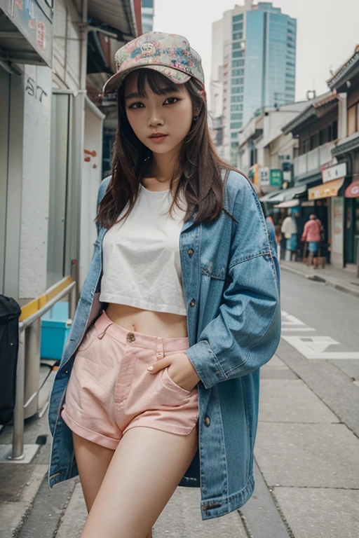 Photo of a Beautiful Korean kpop idol Woman, Summer, 80mm, with summer cloths, she likes to travel, photo taken from 5 meters so you can see the places she traveled to