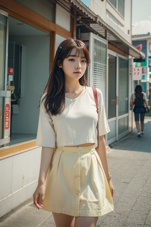 Photo of a Beautiful Korean kpop idol Woman, Summer, 80mm, with summer cloths, she likes to travel, photo taken from 5 meters so you can see the places she traveled to