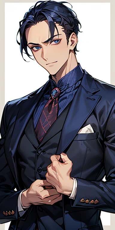((masutepiece)), ((Best Quality)), ((Brown skin)), ((dark blue eyes)), ((Dark blue hair))、Handsome man , ((very short hair、No bangs、Forehead)), masculine、Tall、A sexy、Adult man、Sanpaku eyes、suits、handsome man、Kowamote、firmly、well-muscled、broad shoulders、Invincible smile、Allback