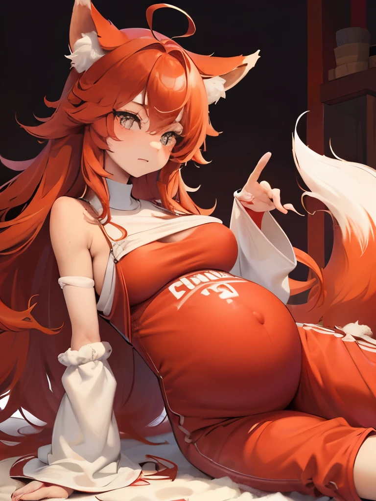 Girl, fox ears, fox tail, red fur, long hair, wavy hair, red hair, comfortable clothes, soft clothes, pastel colours, tall, lounging, tan skin, woman, very pregnant, huge bump, looking at baby bump, hands on baby bump, cozy, labour, childbirth, pained expression, leaning against table, contraction, birth
