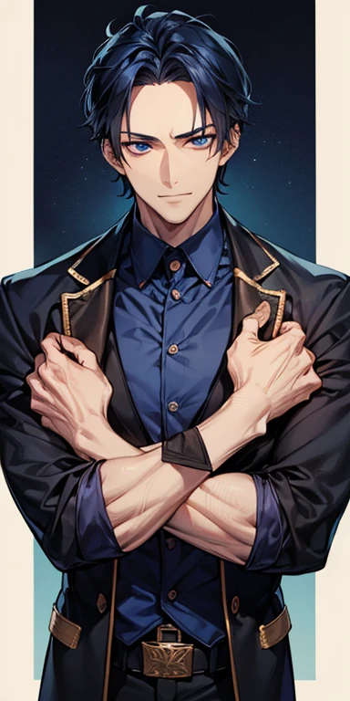 ((masutepiece)), ((Best Quality)), ((Brown skin)), ((dark blue eyes)), ((Dark blue hair))、Handsome man , ((very, very short hair、No bangs、Forehead)), masculine、Tall、A sexy、Adult man、Sanpaku eyes、suits、handsome man、Kowamote、firmly、well-muscled、broad shoulders、Invincible smile、Waiting for allback to start