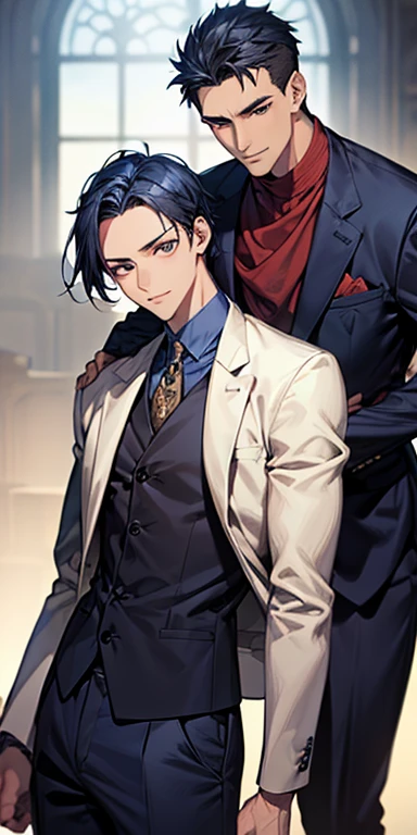 ((masutepiece)), ((Best Quality)), ((Brown skin)), ((dark blue eyes)), ((Dark blue hair))、Handsome man , ((very, very short hair、No bangs、Forehead)), masculine、Tall、A sexy、Adult man、Sanpaku eyes、suits、handsome man、Kowamote、firmly、well-muscled、broad shoulders、Invincible smile、Waiting for allback to start