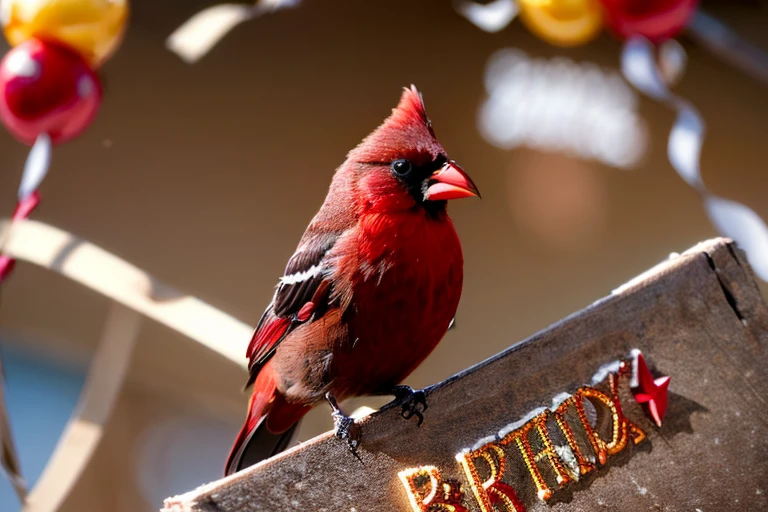 (masterpiece, best quality:1.2), ultra-detailed, Brown and red bird, (realistic:1.5), ((Add words (Happy Birthday letters)) on a sign)) , Birthday celebration
 New Years background