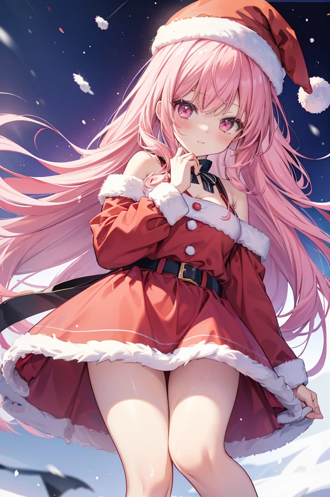 "animemanga girl, 1人, with pink hair, Pink cat ears, a pink eyes, Santa hat, santa shirt, Red dress, stocklings, , Alone, Stand cross-legged, Falling snow, Christmas gift box, (Full HD 4K+ Image of a)" Front view
