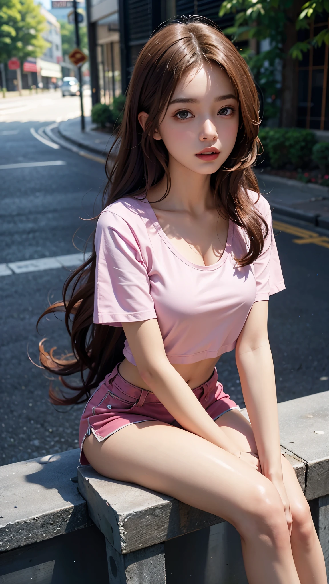 8K, masterpiece, ultra detailed, 1 girl, good face, light skin tone, very long hair, light makeup, glossy lips, small breasts, wearing pink loose half t-shirt, cropped shorts, realistic lighting, sun light, dark shadow, street background, sitting,