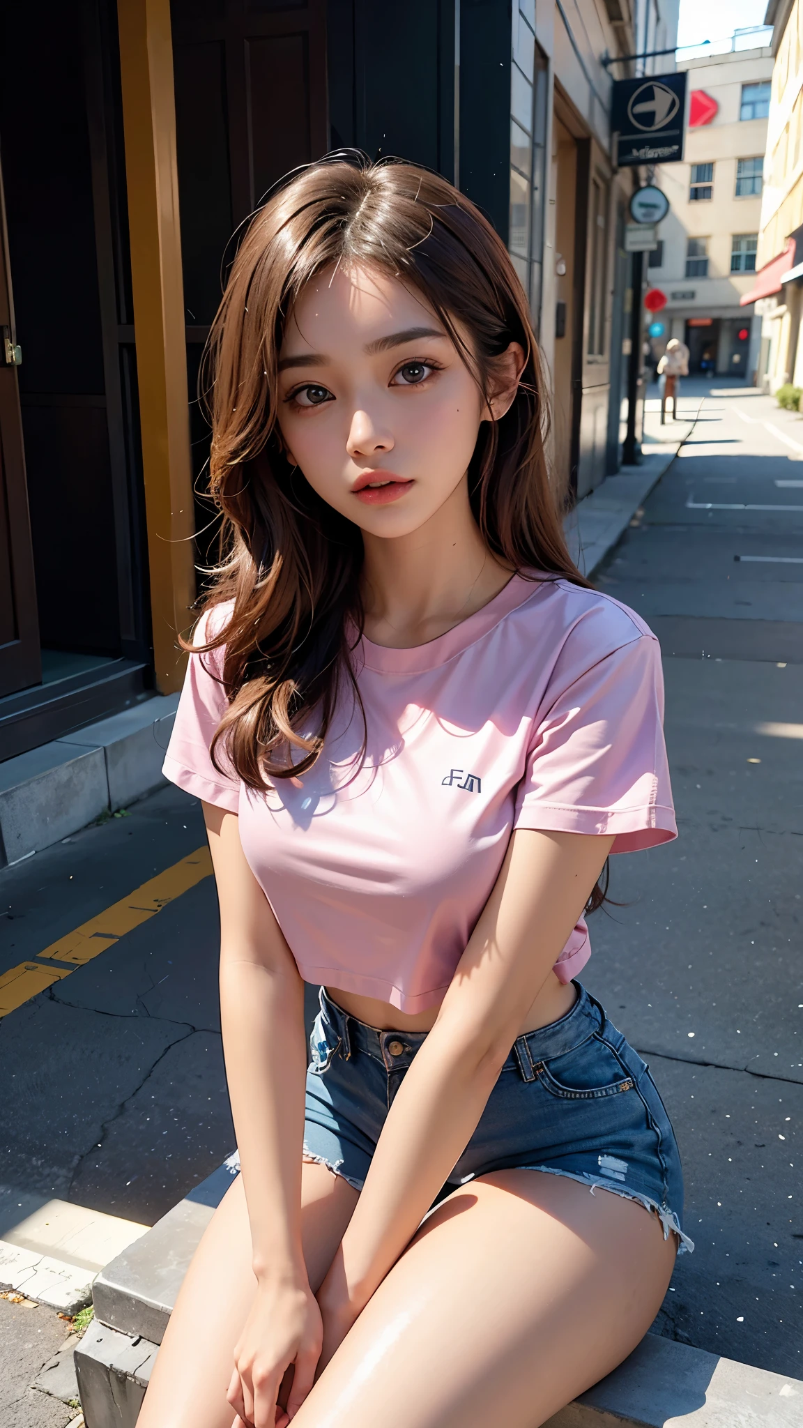 8K, masterpiece, ultra detailed, 1 girl, good face, light skin tone, very long hair, light makeup, glossy lips, small breasts, wearing pink loose half t-shirt, cropped shorts, realistic lighting, sun light, dark shadow, street background, sitting,