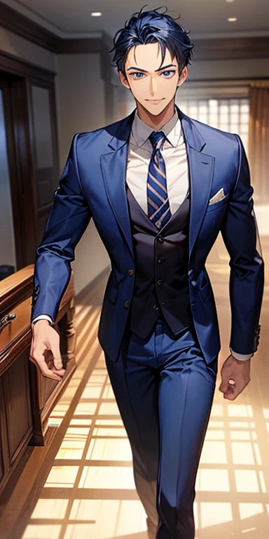((masutepiece)), ((Best Quality)), ((Brown skin)), ((dark blue eyes)), ((Dark blue hair))、Handsome man , ((very, very short hair、No bangs、Forehead)), masculine、Tall、A sexy、Adult man、Sanpaku eyes、suits、handsome man、Kowamote、firmly、well-muscled、broad shoulders、Invincible smile、Allback