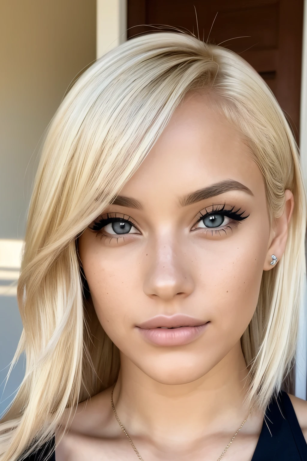 (photo of 25 yo woman, blonde hair, slim latinas sweetheart), (freckles:0.9), (full lips) close, (yelloreen) eyes, POV, realistic[:, (film grain, 25mm, f/1.2, dof, bokeh, beautiful symmetrical face, perfect sparkling eyes, well defined pupils, high contrast eyes, ultra detailed skin, skin pores, vellus hair, outside background, big boobs, sexy belly, nipples hard, sexy, fabric stitching, fabric texture, wood grain, stone texture, finely detailed features:1):0.9]