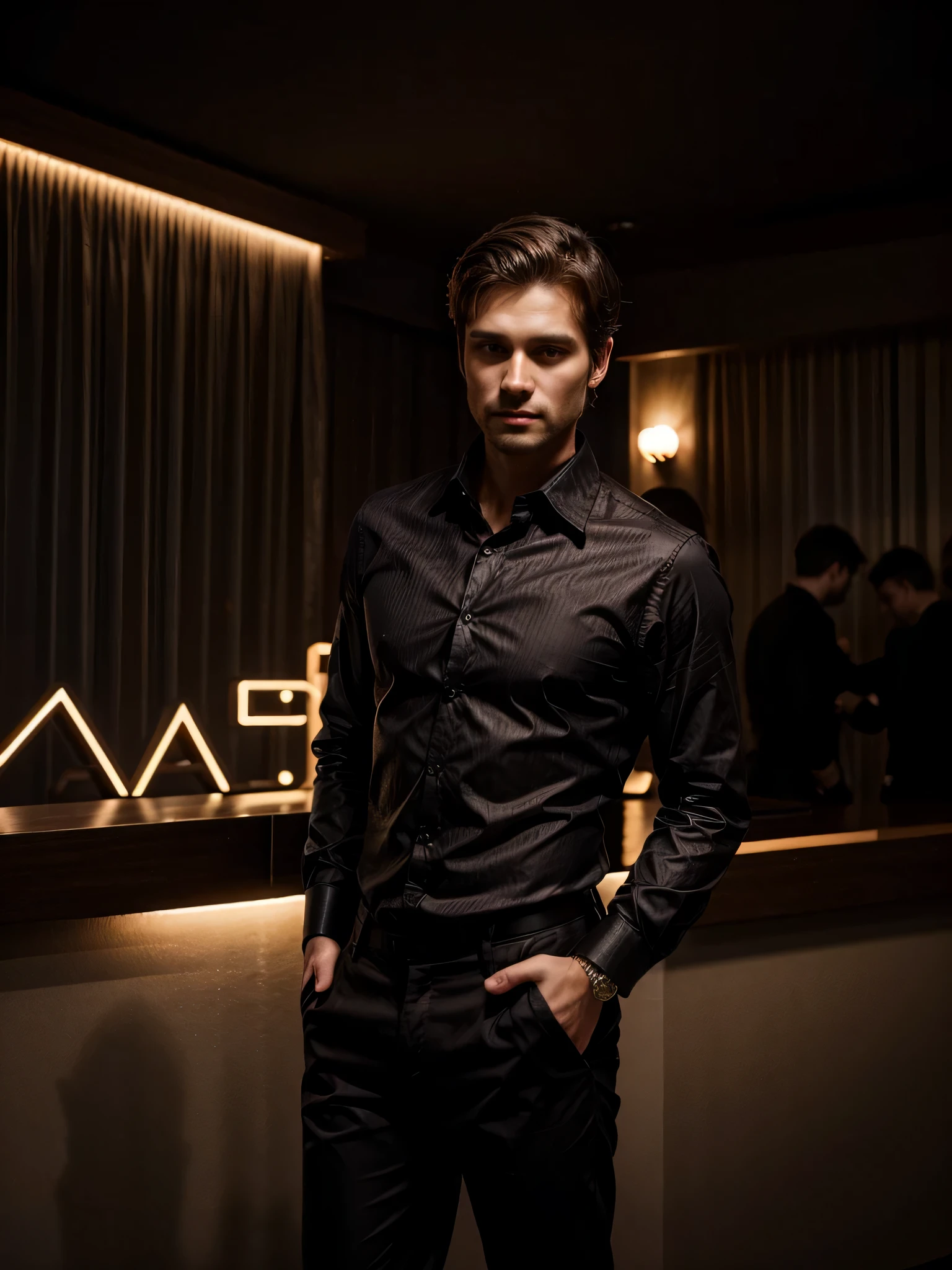 beautiful Caucasian awesome man with very short brown hair and brown eyes standing at the party of end year,((party)) , disco,countdown, night, dressed in black elegant chinos and elegant black shirt, posing for a photo,