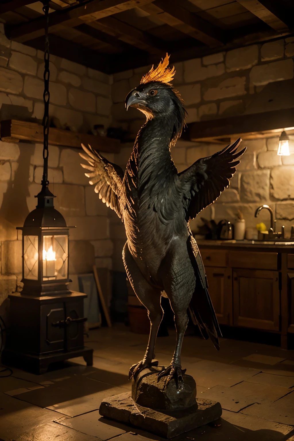 Photo realistic of very tall and giant Stone Phoenix Bird upon an iron stand, the stature reaches from floor to ceiling inside a dimly lit by torchlight, dirty medieval fisherman's cottage with no windows with a meager kitchen and a loft above for sleeping.