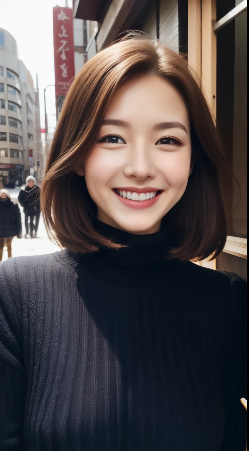 The face of a hostess、turtleneck wool sweater、hiquality、A hyper-realistic、healthy、Smiling expression、Slender perfect figure、Japan Beauty、 perfect eyes、Beautiful skin、The upper part of the body、Snowy city