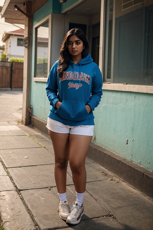 indian girl, 20 year, curvy figure, wearing hoodie and shorts, standing