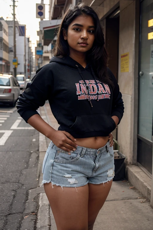 indian girl, 20 year, curvy figure, wearing hoodie and shorts, standing