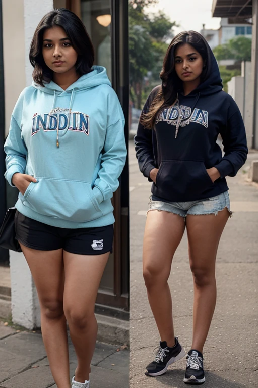 indian girl, 20 year, curvy figure, wearing hoodie and shorts, standing
