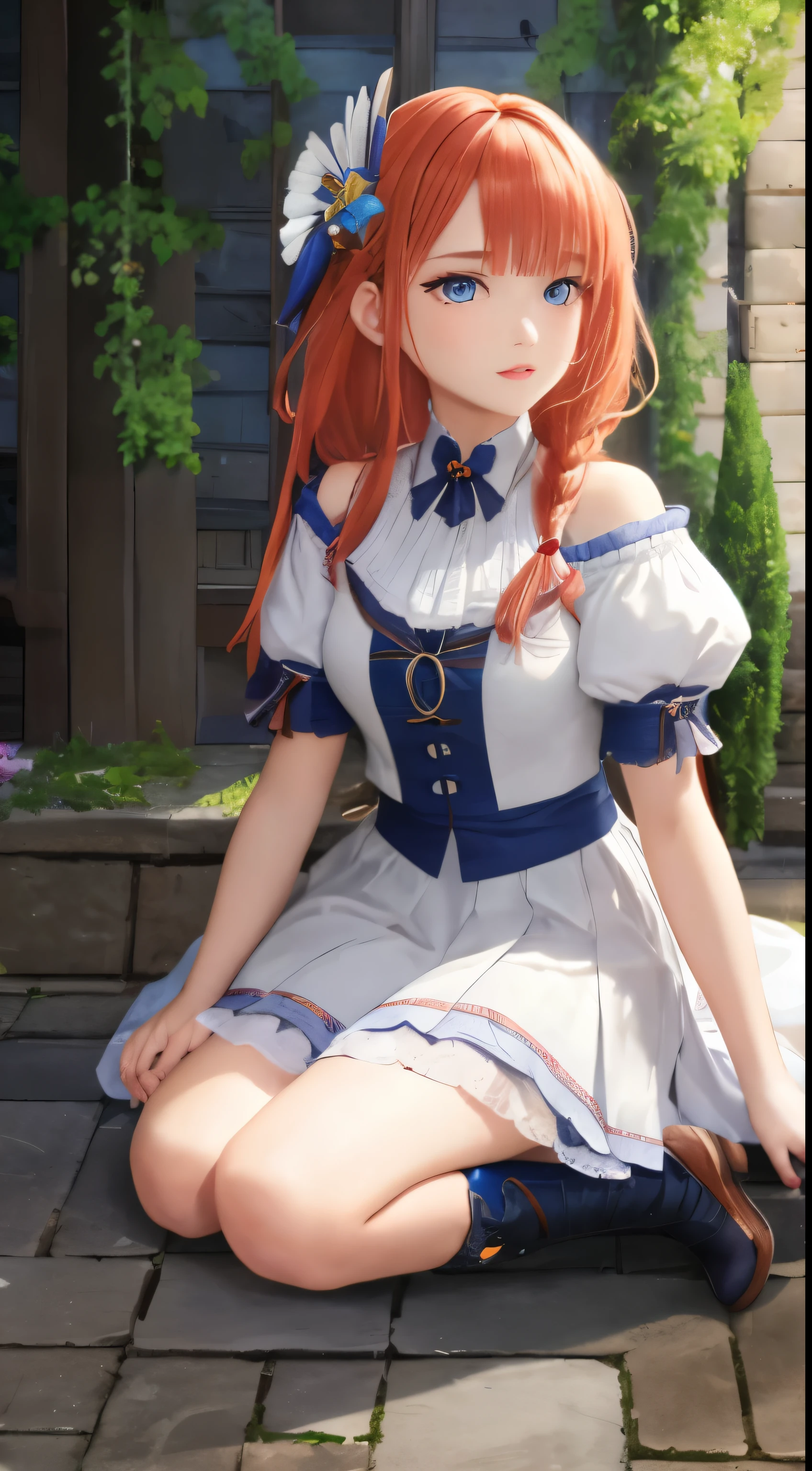 pecorine, pecorine, blue eyes, hair ornament, long hair, orange hair, tiara, braid, hair braid, BREAK arm belt, armor, ascot, blue socks, boots, dress, gloves, hair ornament, open clothes, open dress, pauldrons, pleated skirt, puffy short sleeves, puffy sleeves, red ascot, red skirt, short sleeves, shoulder armor, single pauldron, skirt, socks, white dress, white footwear, white gloves, BREAK looking at viewer, full body, BREAK outdoors, BREAK (masterpiece:1.2), best quality, high resolution, unity 8k wallpaper, (illustration:0.8), (beautiful detailed eyes:1.6), extremely detailed face, perfect lighting, extremely detailed CG, (perfect hands, perfect anatomy),