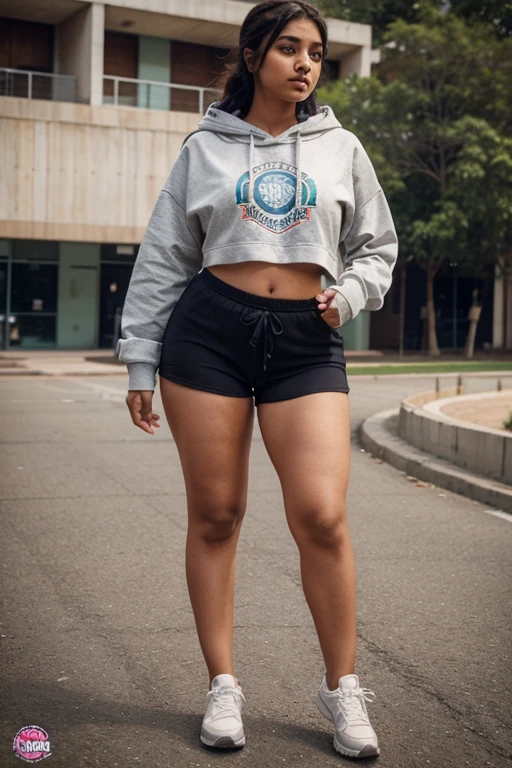 indian college girl, wearing tight high waist shorts, hoodie, walking, sport shoes, sexy curvy figure