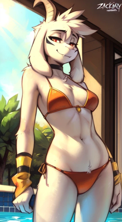 uploaded on e621, (((by Zackary911, by Kenket, by Kilinah, by Zackary911))), solo female (((Asriel_Dreemurr_(god form)))), wear (((golden wristband and jewelry and golden bikini))), (detailed goat asriel_dreemurr_(god form)), (detailed lighting),(detailed fur), (detailed breasts), (detailed skin), BREAK, ((standing at hotel suite outdoor swimming pool with plant on sunny day)), (cinematic lighting), ((detailed background)), ((depth of field)), (half body shadow), ((looking at viewer)), (low-angle view), ((three-quarter view)), [backlighting], [detailed ambient light], [gray natural lighting], [ambient light on the belly], [realistic proportionplicit content, , nsfw], [sharp focus], (questionable content), (shaded), (hi res), ((masterpiece)), ((abs)), half-closed eyes