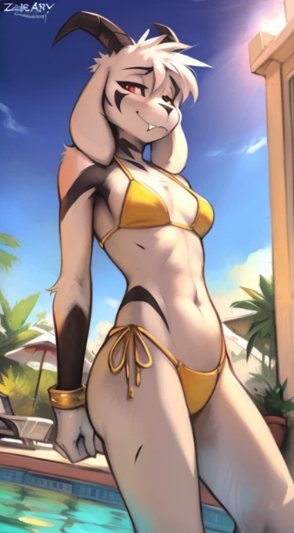 uploaded on e621, (((by Zackary911, by Kenket, by Kilinah, by Zackary911))), solo female (((Asriel_Dreemurr_(god form)))), wear (((golden wristband and jewelry and golden bikini))), (detailed goat asriel_dreemurr_(god form)), (detailed lighting),(detailed fur), (detailed breasts), (detailed skin), BREAK, ((standing at hotel suite outdoor swimming pool with plant on sunny day)), (cinematic lighting), ((detailed background)), ((depth of field)), (half body shadow), ((looking at viewer)), (low-angle view), ((three-quarter view)), [backlighting], [detailed ambient light], [gray natural lighting], [ambient light on the belly], [realistic proportionplicit content, , nsfw], [sharp focus], (questionable content), (shaded), (hi res), ((masterpiece)), ((abs)), half-closed eyes