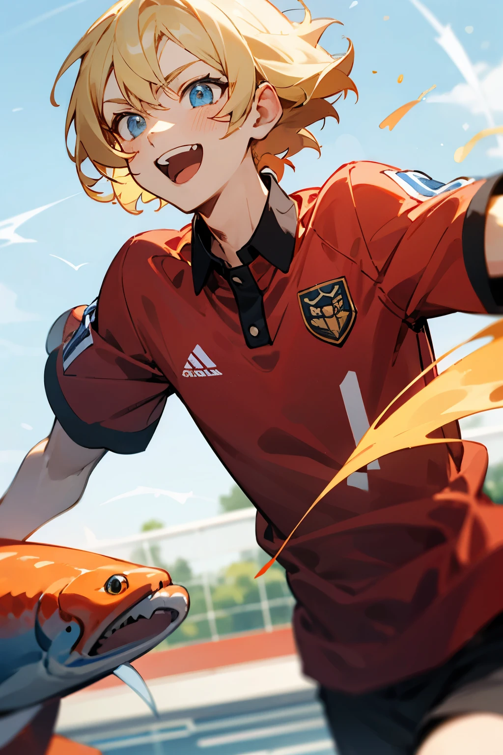 blonde place々A short-haired boy bouncing outside, a red soccer uniform, light blue eyes and a double-toothed smile, remembering the salmon.