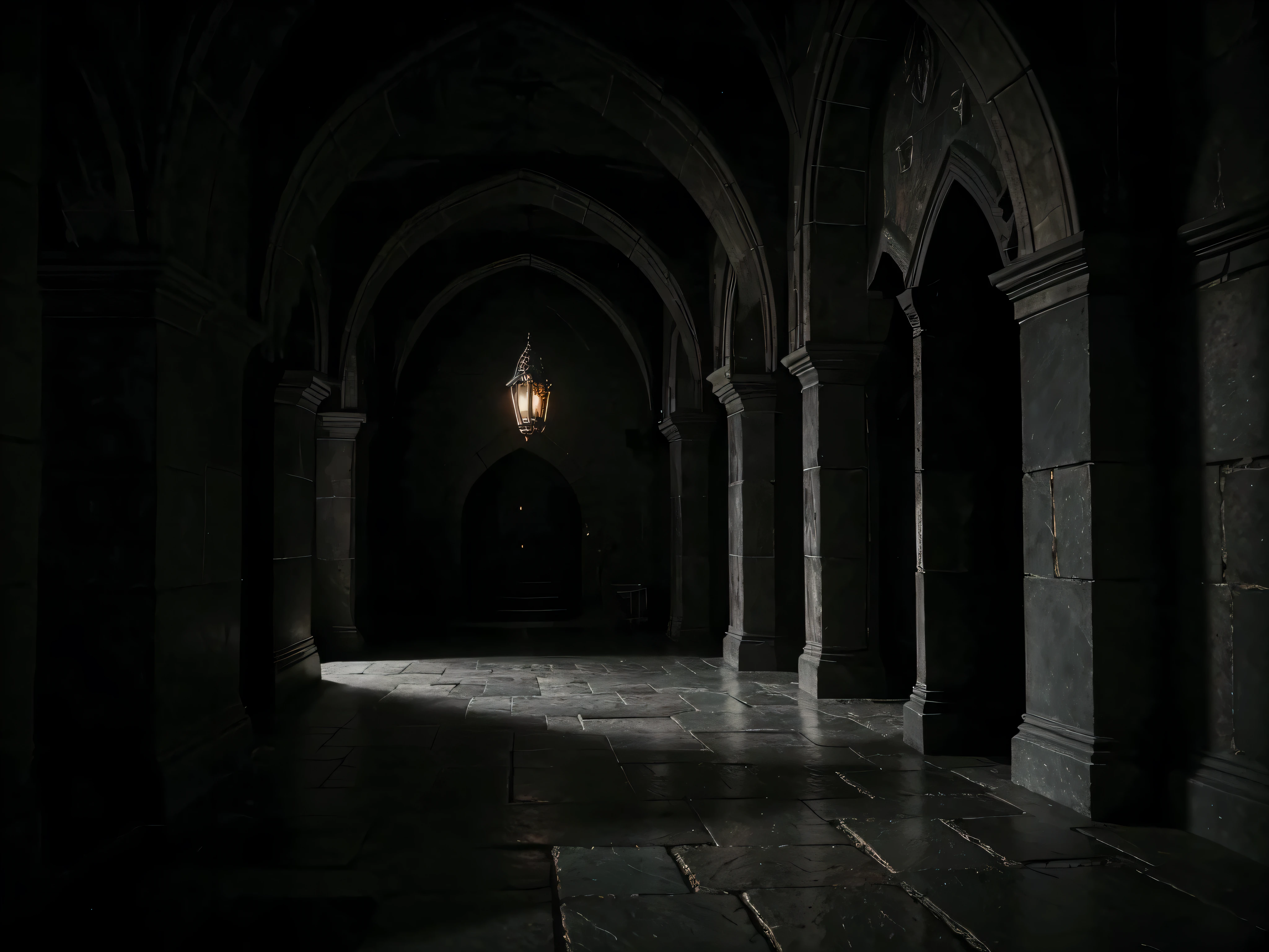 Create creepy interior scenes of evil castles for front view RPG battles。. This scene is、It is necessary to express the dark and scary atmosphere of the castle。, with high gothic arches, dimly lit hallway, and creepy, flashing torch light. Contains such elements as a throne made of bone and dark metal, Walls decorated with spooky symbols and dark tapestries, and perhaps chains or cages hanging from the ceiling. the floor may be made of dark stone, Fog and cold air may linger. The color scheme should be dominated by dark shades of black, greys, and deep red, To emphasize the malevolent and evil nature of the castle. Lighting should be minimal, create deep shadows、Highlights the threatening aspects of the environment。.