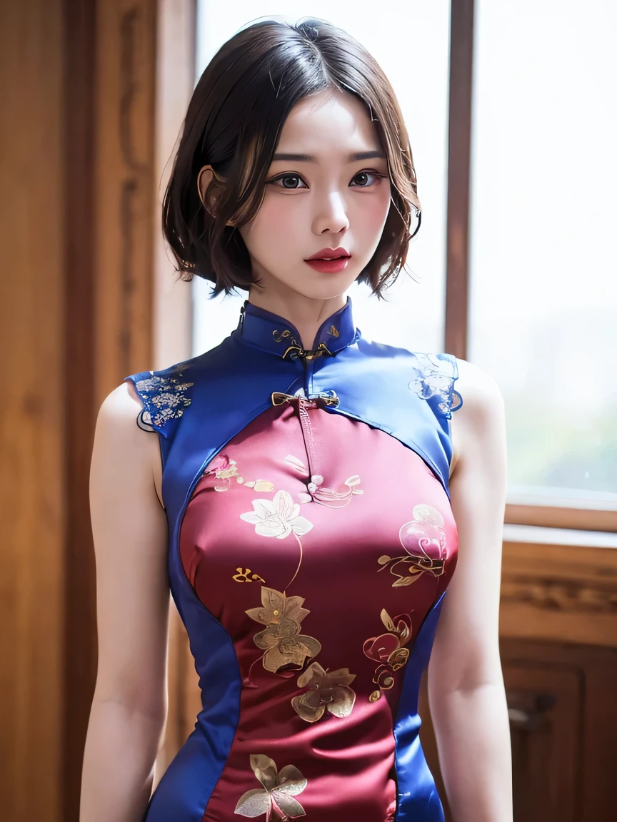 One Chinese Woman、Chinese Garden、(She is wearing a super shiny satin long cheongsam.:1.8)、(Provocative facial expressions), (Sleeveless Chinese long dress that fits the body:1.8)、 Anatomically correct proportions, 8K, RAW shot, Best High Quality, masterpiece, realphoto, (portlate:1.5), 18-year-old Chinese beauty, beautiful hairl、(Beautiful woman with slender figure:1.5)、(medium udder:1.5)、(She wears a super shiny cheongsam with traditional colors and patterns.:1.5)、(Nipple shadow:1.5)