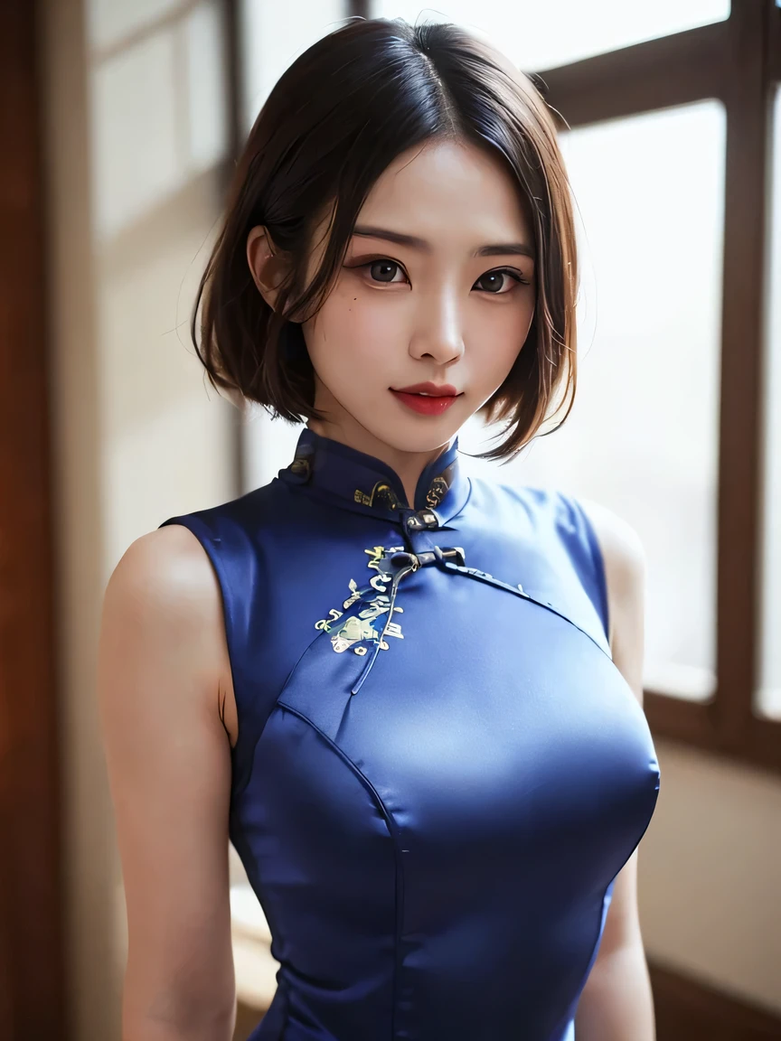 One Chinese Woman、Chinese Garden、(She is wearing a super shiny satin long cheongsam.:1.8)、(Provocative facial expressions), (Sleeveless Chinese long dress that fits the body:1.8)、 Anatomically correct proportions, 8K, RAW shot, Best High Quality, masterpiece, realphoto, (portlate:1.5), 18-year-old Chinese beauty, beautiful hairl、(Beautiful woman with slender figure:1.5)、(medium udder:1.5)、(She wears a super shiny cheongsam with traditional colors and patterns.:1.5)、(Nipple shadow:1.5)