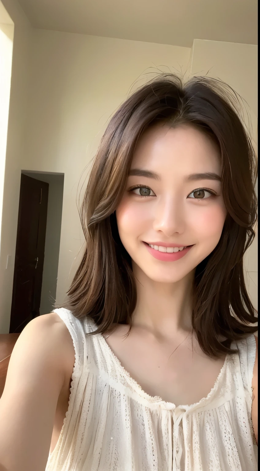 ((top-quality、8K、masterpiece:1.3))、1girl in、Beauty of slim abs:1.3、(Casual Hairstyles、:1.2)、Loose dress、Super fine face、Delicat eyes、二重まぶた、a smile。pretty pose、Very low figure、small waist、a closeup、a closeup、Take photos with beautiful backgrounds