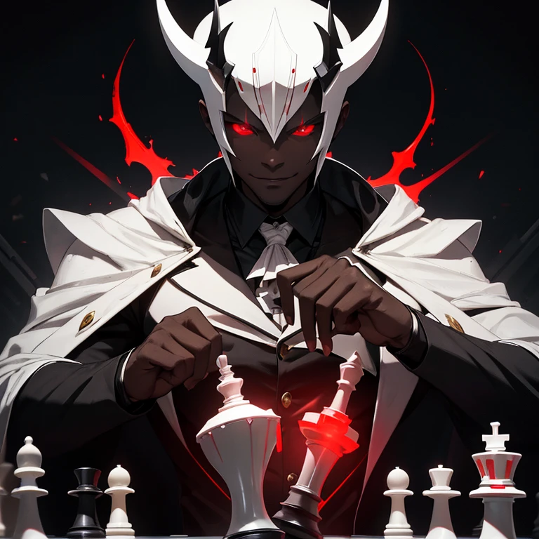 Black Man holding white pawn chess piece, sinister smile, dark theme, red glowing eyes, chessboard,