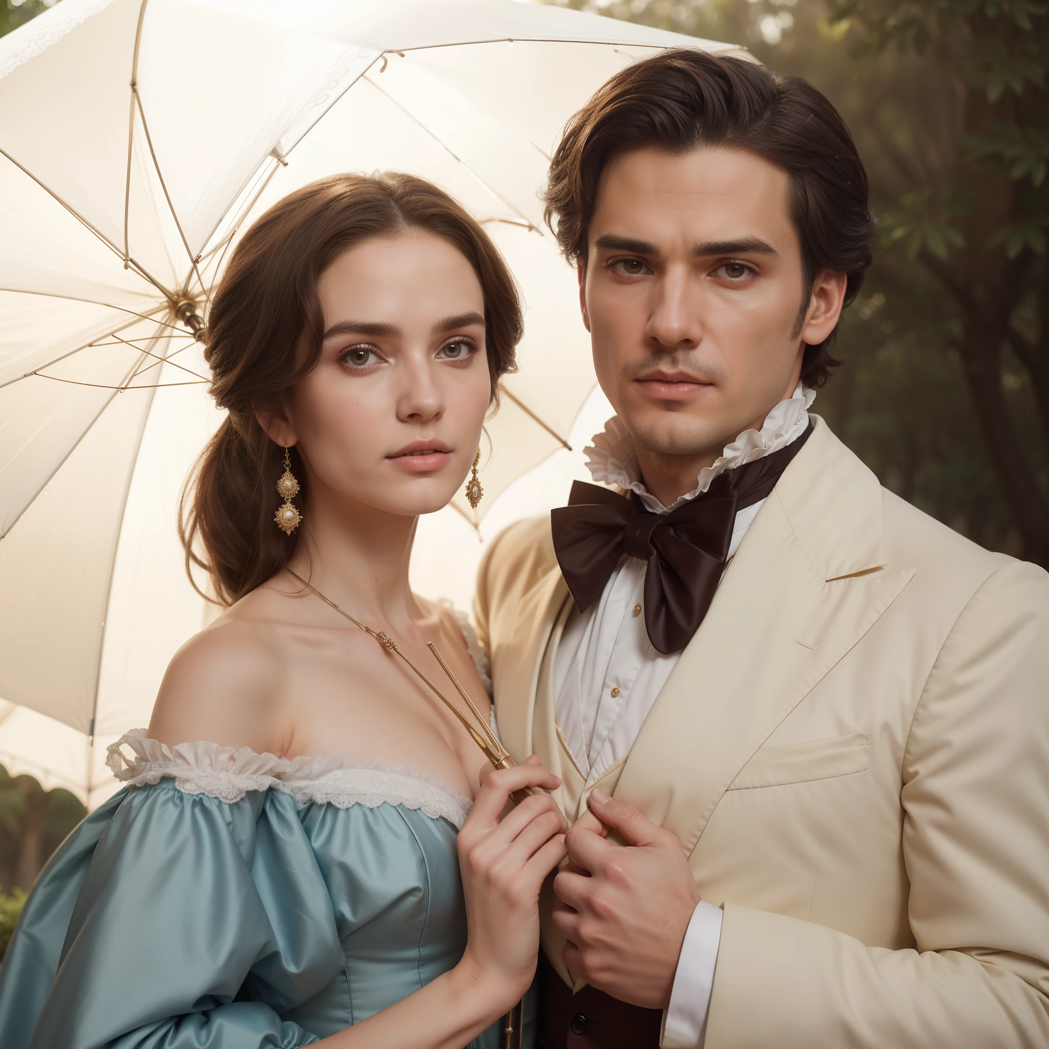 they are wearing formal clothes and holding an umbrella, Romanticism Portrait, Elegant couple, inspired by Francesco Hayes, Both are dressed in Victorian clothes, kramskoi 4 k, Darius Zawadzki and Tom Bagshaw, based on Pierre-Auguste Cot, Anthony Brodowski, The style of romanticism, based on Ivan Kramskoy