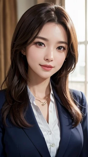 The most beautiful woman who works as a newscaster、with shiny brown hair、Wearing a navy suit、Very enchanting.。She's full of confidence々Smiled at.、toward to the camera。her fashion and expressions、A perfect balance between cuteness and elegance、It draws the viewer in and doesn't let go.。Through this scene、Express her charm to the fullest。"