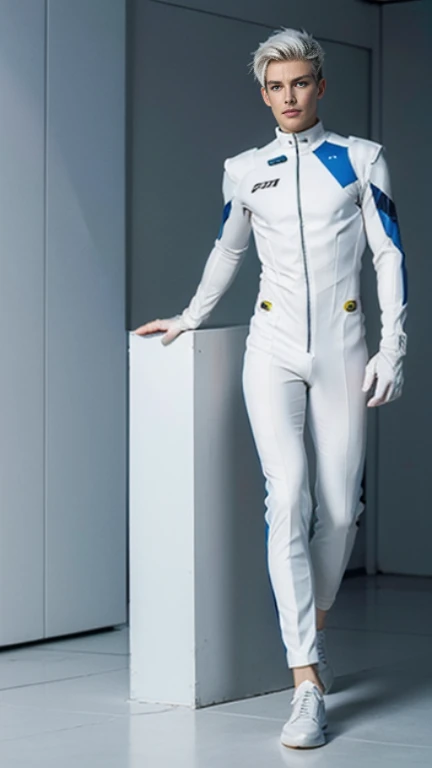 body suit, white and blue suit, futuristic suit, white gauntlets, white gloves, white hands, skin tight bodysuit, toned male, ager, young male, bodysuit, futuristic, sci fi, hands seen, hair visible, solo male, full body seen, white hair, slim body, skinny thighs, beautiful face ,handsome