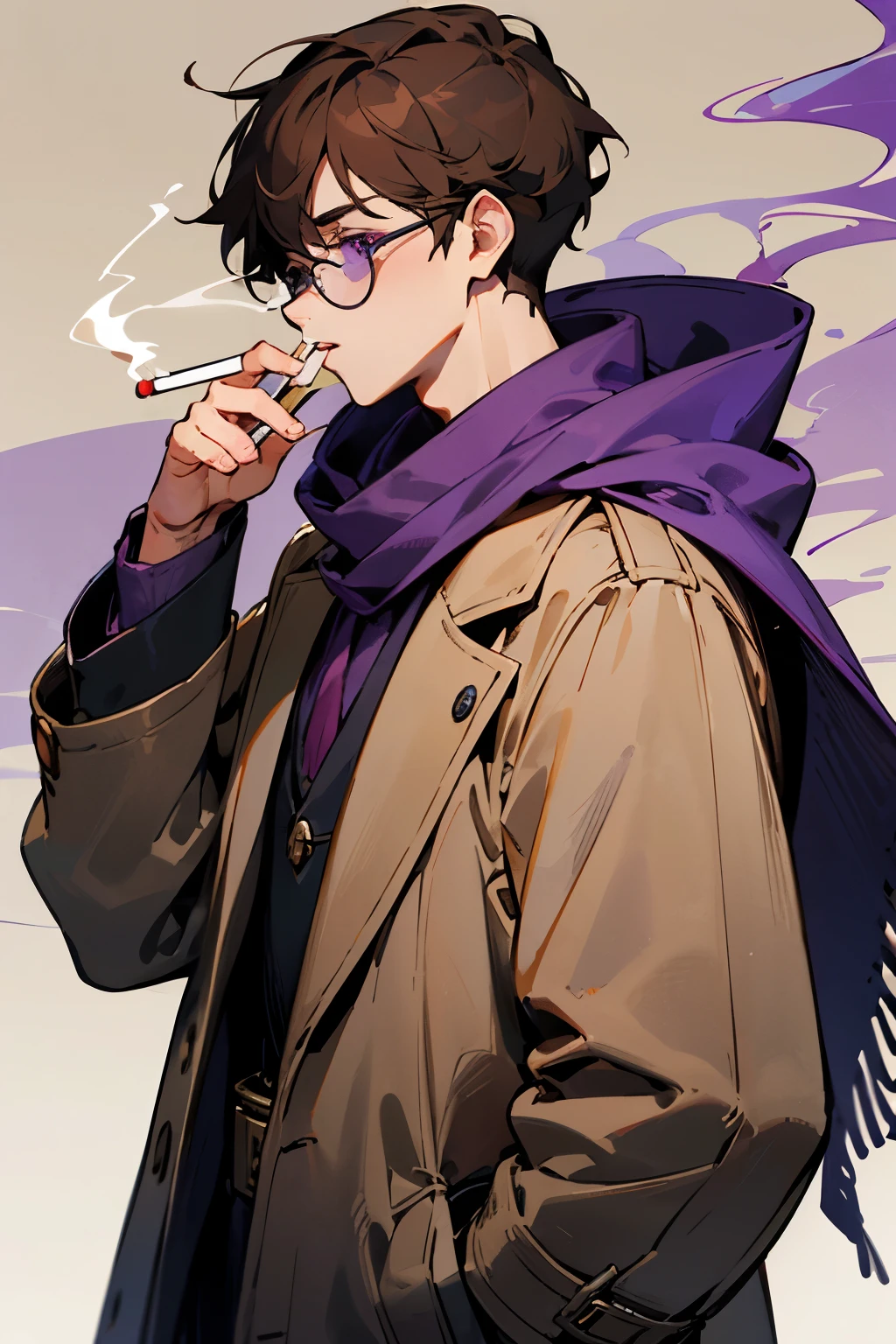 Brown hair, purple eyes, purple stole, beige clothes, dark purple coat, purple glasses, smoking a cigarette, boy