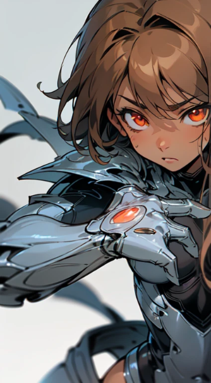 Masterpiece, high resolution, highres, 8k, best quality, witchblade, shota, (1 male), child, cute, innocent dark skin otokonoko, red and orange eye's, medium dark brown hair in a side-swept style smooth , wearing a (grey witchblade gauntlet), {petite body}, {{{flat chested}}},{grey bodysuit}, {full bodysuit grey witchblade adaptable armour suit}, (close up), (grey armour), witchblade