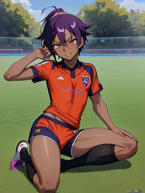 (((Official art,superfine illustration,hight resolution, masutepiece, best qualtiy,Best Quality,)))hightquality, detaileds, (A little boy),12 years old, A young ace striker male idol with a super cute face,A boy as beautiful as Planding, Cool handsome face with smile, soccer spike, Long legs, thighs thighs thighs thighs, Foots, Bulge, (Purple hair、Spiky hairstyle)、Shiny hair, (tight shiny orange soccer uniform suit), (tight and shiny soccer shorts), (Soccer Socks), tussock, Cool pose, (厚いthighs thighs thighs thighs、Seduce your big ass to your crotch)、(((soccer field in the park)))、((cocky、))、Smirk、Spread legs,Ultra-fine painting, (Best Quality, 4K, 8K, hight resolution, masutepiece:1.2),(((Being aware of the sexual gaze of middle-aged gay men)))、Service Shots、(((Dark skin)))、((detailedsな目:1.2))、kawaii eyes、