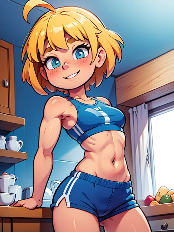 Modest, shy, infinitely sweet and pretty, athletic, strong, pumped-up girl of 17 years, blonde with short hair, ahoge, A sweet shy little smile, with small neat firm breasts, with prominent muscles(Beautiful developed muscles), in a sports bra, extremely small blue shorts and sneakers, full-length in the student's kitchen, maximum detail, absolute photorealism, free pose