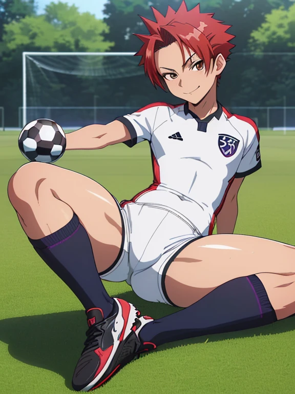 (((Official art,superfine illustration,hight resolution, masutepiece, best qualtiy,Best Quality,)))hightquality, detaileds, (A little boy),12 years old, A young ace striker male idol with a super cute face,A boy as beautiful as Planding, Cool handsome face with smile, soccer spike, Long legs, thighs thighs thighs thighs, Foots, Bulge, (red hairs、Spiky hairstyle)、Shiny hair, (Tight shiny white soccer training bodysuit), (tight and shiny soccer shorts), (Soccer Socks), tussock, Cool pose, (厚いthighs thighs thighs thighs、Seduce your big ass to your crotch)、(((soccer field in the park)))、((cocky、))、Smirk、Spread legs,Ultra-fine painting, (Best Quality, 4K, 8K, hight resolution, masutepiece:1.2),(((Being aware of the sexual gaze of middle-aged gay men)))、Service Shots、