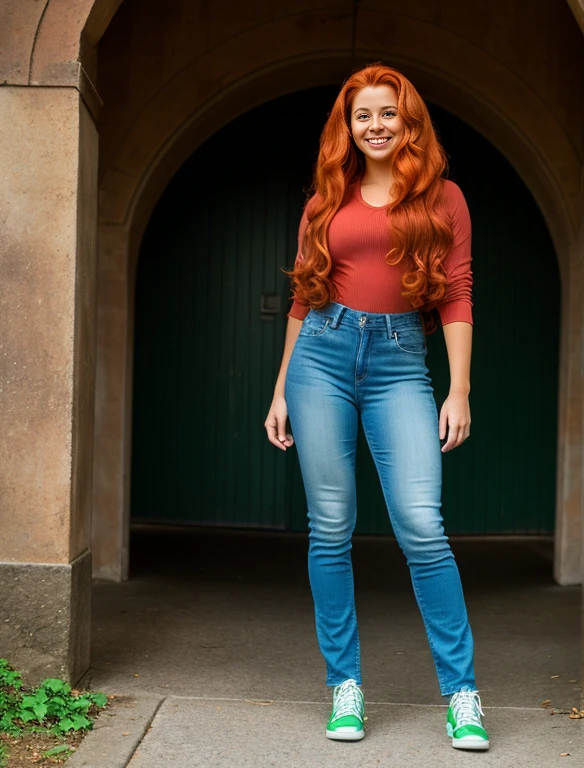 Realistic portrayal:1.2, photorealistic, 8k, Sam from Totally Spies! long slightly wavy orange hair (big hair, big volume), emerald green eyes and fair skin; smiling,wearing a full body denim outfit. , wide-angle shot, high-angle shot