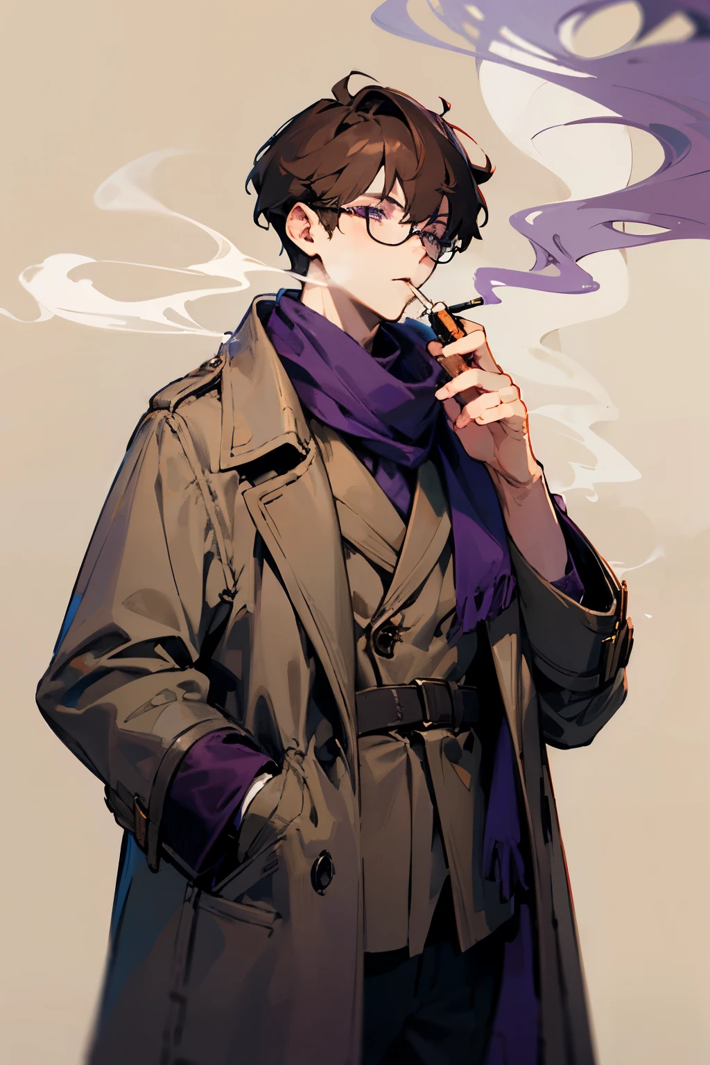 Brown hair, purple eyes, purple stole, beige clothes, dark purple coat, glasses, smoking a cigarette, boy