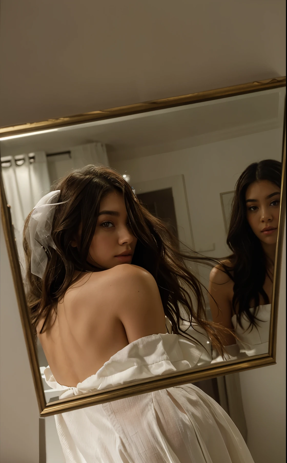 arafed woman in a white dress is looking at herself in a mirror, looking back at the camera, looking away from the camera, madison beer, looking off to the side, view from behind mirror, looking away from camera, :: madison beer, soft devil queen madison beer, low view, by Alexis Grimou, madison beer girl portrait, mirror selfie