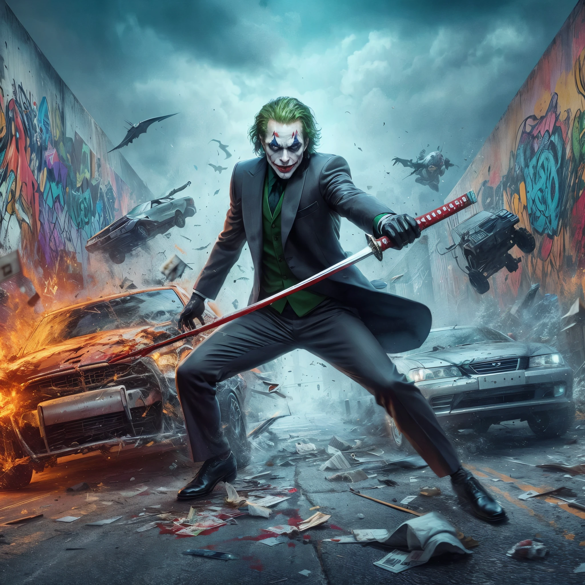 joker in a suit holding a sword in front of a car, cinematic 4k wallpaper, cinematic 4 k wallpaper, the joker, elon musk as joker, joker, tom cruise as the joker, badass anime 8 k, hq 4k wallpaper, 4k art, joe biden as the joker, 8k hq, 8k stunning artwork, the joker as batman