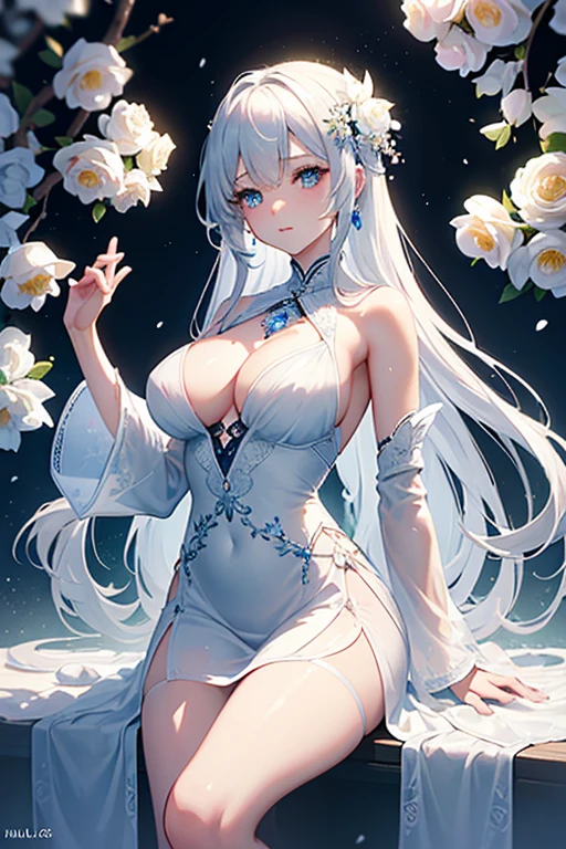 Paradise in Heaven, White lighting,(masutepiece), (Best Quality), (Cinematic), 8K, (art  stations), Li Yue painting style.(長いWhite hairとSilvery eyesを持つ1人の女), (Beautiful delicate face)、[ Particle Lou Full Moon] [Frozen trees々] [landscape crystal] [Lighting] [Ethereal Atmosphere]:1.1] [Fantasy, short story] [soft Lighting] [+Cinematic shot]:1.2 [+art  stations] [+luminous white background] [+soft Lighting] [soft glow] [Creative and dynamic angles]:1.3, [+Crystal Toning] 、masutepiece, ighly detailed, Ultra-detailed, Solo, (pale skin), Silvery eyes, White hair, (snowy background), (snowflake rosen flower:1.0), (shining crystal),, (Snowy ground), (White lashes), Female sexy、dreamy and detailed, Gorgeous setting, 妖しい雰囲気 masutepiece, The most beautiful scenes, An majestic、(((full of white flowers)))、quiet and serene atmosphere、A charming, all white tones,Inside the crystal library,Transparent flowers and falling snow，Many white roses are planted,(flowingwater,falls,water bloom),The decoration is also carefully done.,Dreamy（ighly detailedです，Creative Design，crisp and precise lines，K HD，best qualtiy，tmasterpiece，超hight resolution，4K）、Diverse poses、((beautiful white flower hair ornament))、Beautiful hairstyle、(Best Quality, 4K, 8K, hight resolution, masutepiece:1.2), Ultra-detailed, Detailed expression, Graceful posture, expressive brush strokes, mystic atmosphere, artistic interpretation,Delicate floral jewelry， (((Detailed design、Beautiful lace translucent dress、see-through small dress)))、(SFW:1.5), (Oversized breasts, best body proportions, proportions of large breasts,:1.5),(white decoration on thigh)、((Beautiful crystal accessories on the legs))。((Beautiful crystal accessories on the arm))、