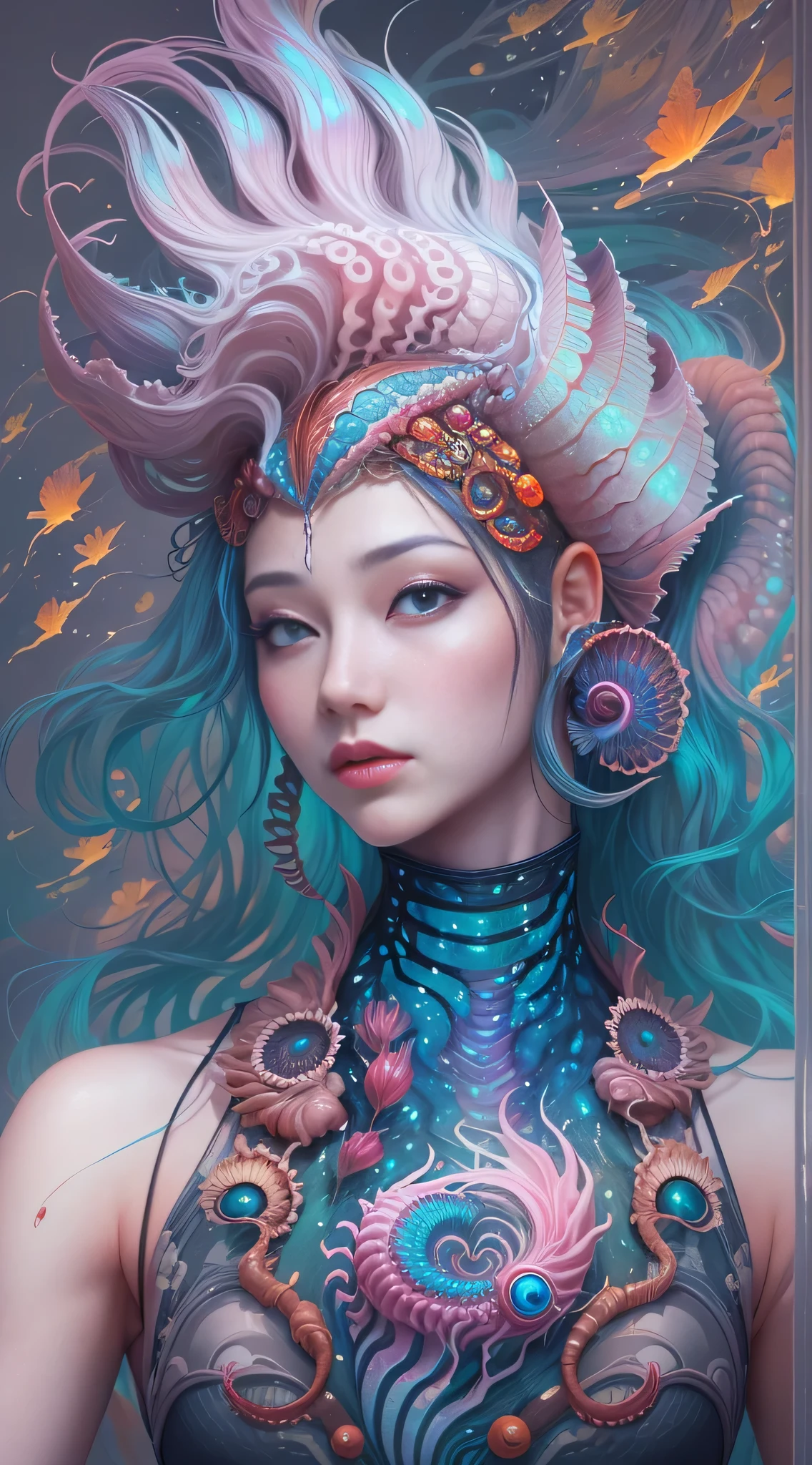 best qualtiy,tmasterpiece,超高分辨率,(photograph realistic:1.4),ultra-realistic realism,Dream-like,The beautiful blue-skinned goddess wears a phoenix peacock on her head, Nautilus, a betta fish,The creation of fantasy,Brain conch,Dream Conch,Biopunk Nautilus,Thrilling color scheme, ultra-realistic realism, abstracted, psychedelia,