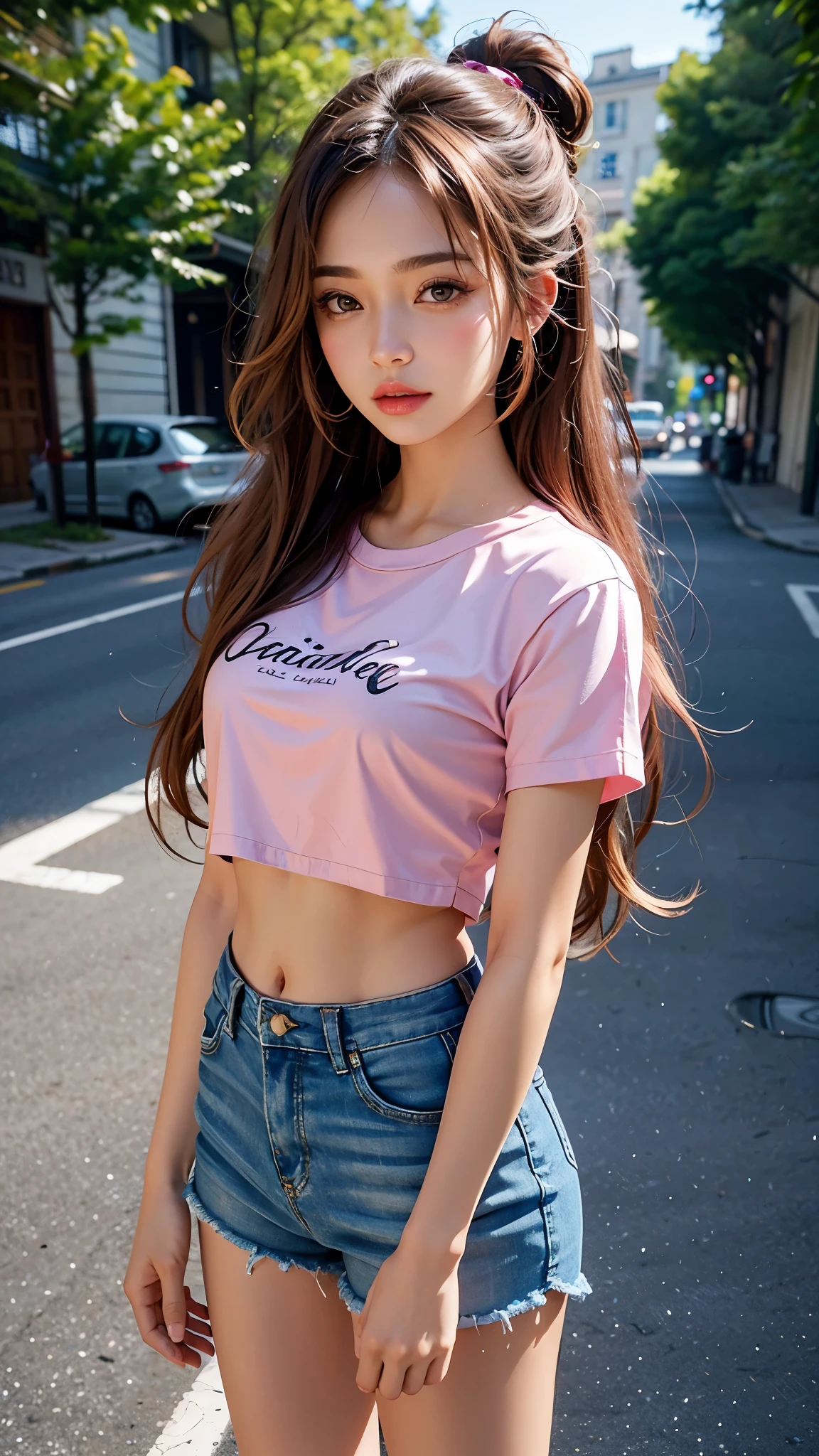 8K, masterpiece, ultra detailed, 1 girl, beautiful face, light skin tone, very long hair, light makeup, glossy lips, small breasts, wearing pink loose half t-shirt, cropped shorts, realistic lighting, sun light, dark shadow, street background,