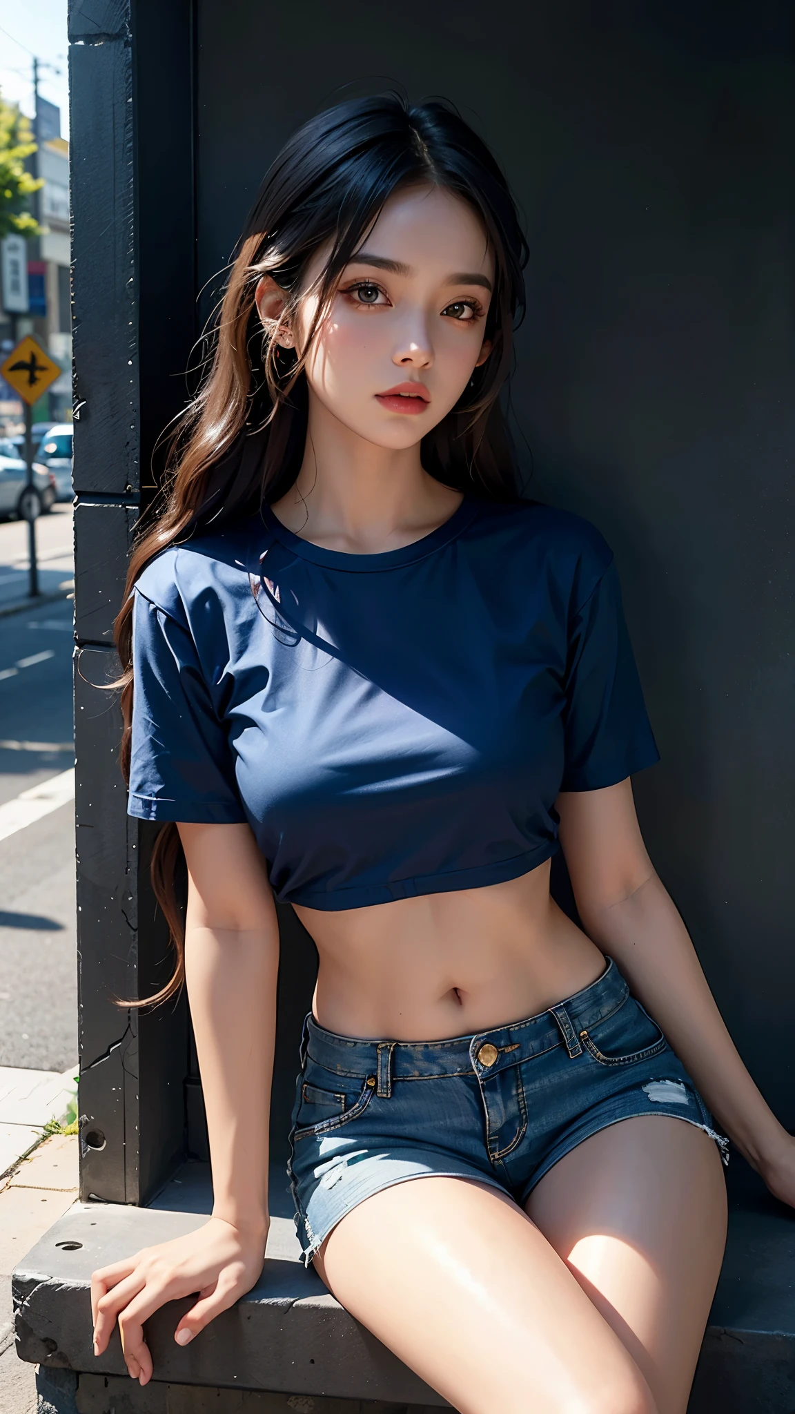 8K, masterpiece, ultra detailed, 1 girl, beautiful face, glowing skin, very long hair, smoggy makeup, detailed lips, small breasts, wearing blue loose t-shirt, cropped shorts, realistic lighting, sun light, dark shadow, street background, sitting,