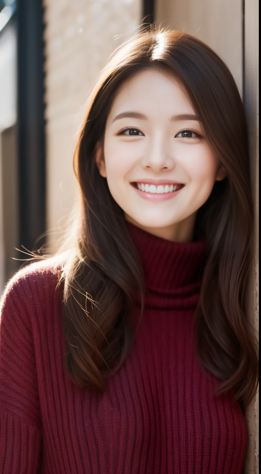 The face of a hostess、turtleneck wool sweater、hiquality、A hyper-realistic、healthy、Smiling expression、Slender perfect figure、Japan Beauty、 perfect eyes、Beautiful skin、The upper part of the body、Snowy city