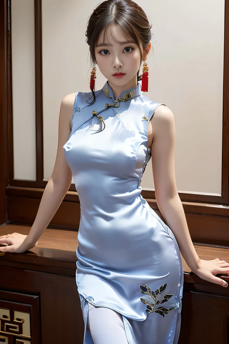 One Chinese Woman、Chinese Garden、(She is wearing a super shiny silk satin cheongsam.:1.8)、(Provocative facial expressions), (Sleeveless Chinese long dress that fits the body:1.8)、 Anatomically correct proportions, 8K, RAW shot, Best High Quality, ​masterpiece, realphoto, (portlate:1.5), 18-year-old Chinese beauty, beautiful hairl、(Beautiful woman with slender figure:1.5)、(medium udder:1.5)、(She wears a super shiny cheongsam with traditional colors and patterns.:1.5)、(Nipple shadow:1.5), (Angle from the side)